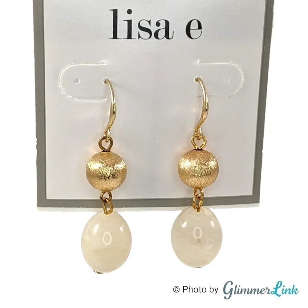 Tiered Off White Marbled & Gold Tone Beaded Dangle Earrings